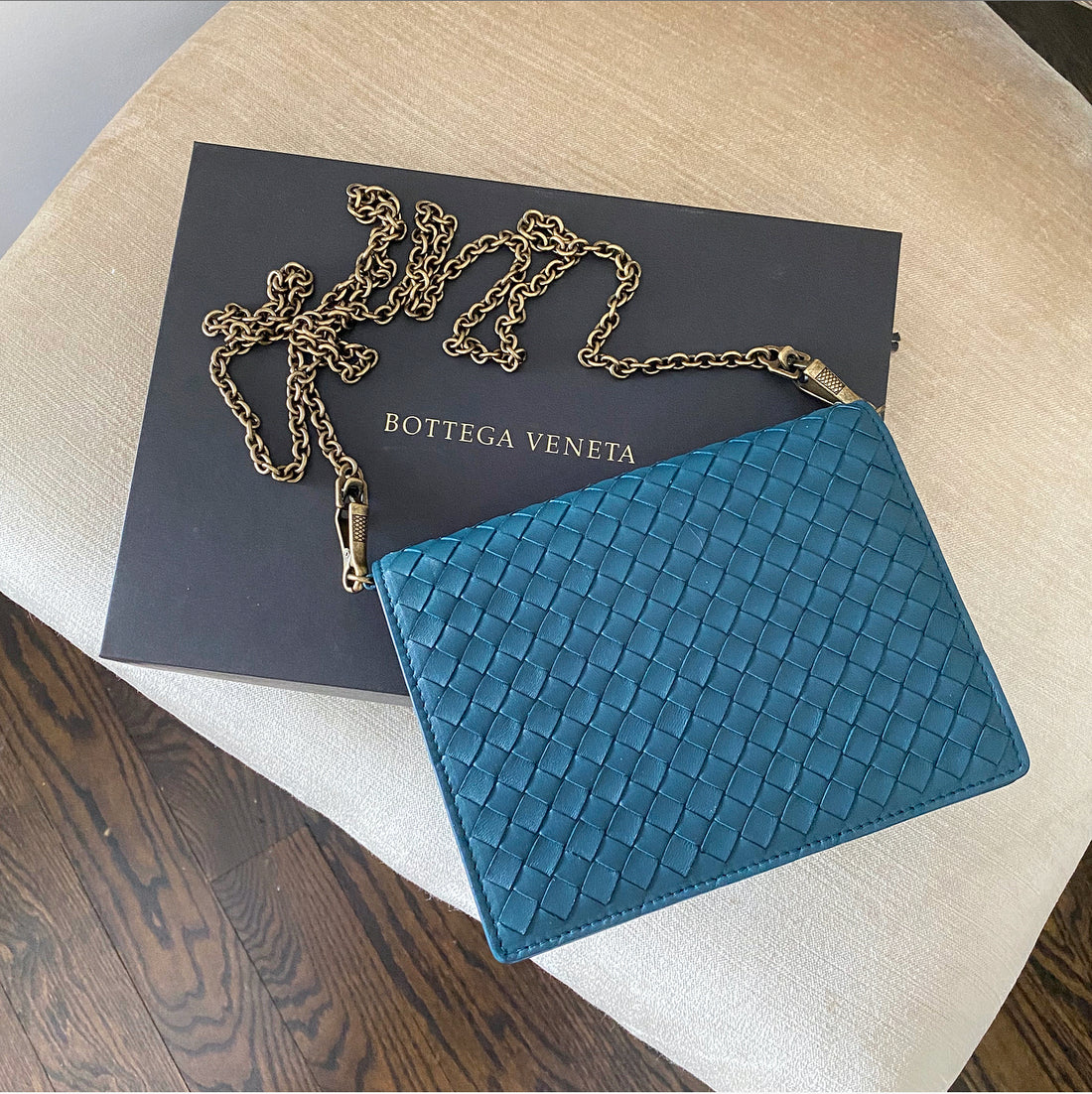 Bottega Veneta Teal Intrecciato Leather Small Wallet on Chain Crossbody Bag