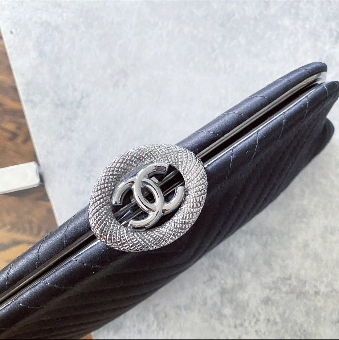 Chanel Black Satin CC Clasp Evening Clutch Bag