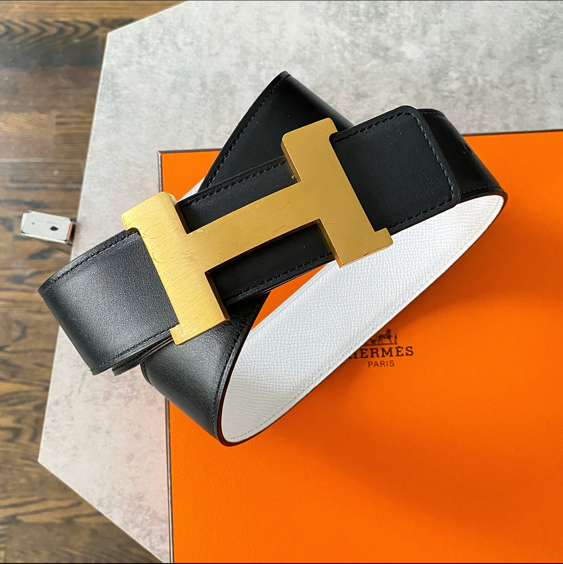 Hermes Black and White Reversible H Belt Kit - 80cm