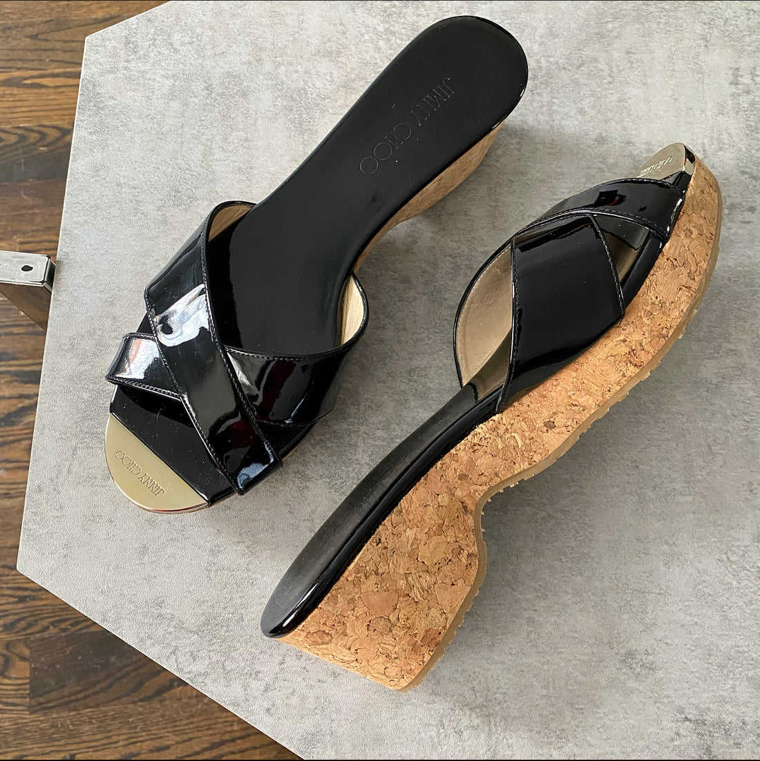 Jimmy Choo Black Patent Cork Flatform Sandals - 8.5
