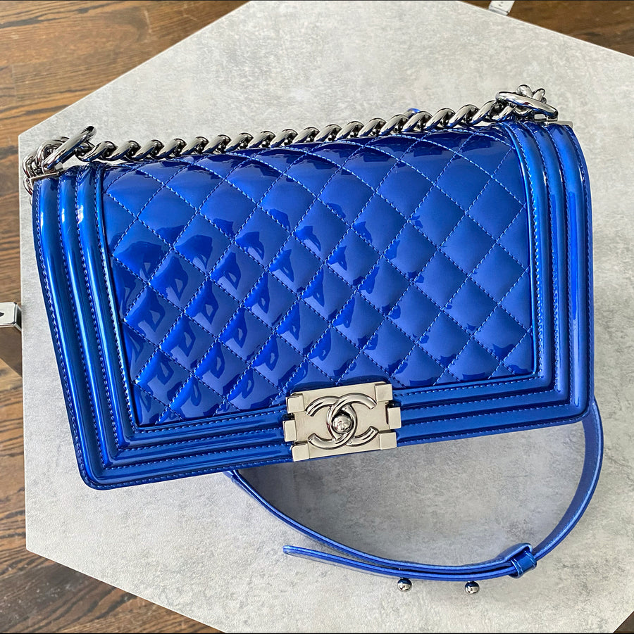 Chanel Electric Blue Patent Leather Medium Le Boy Bag – I MISS YOU VINTAGE