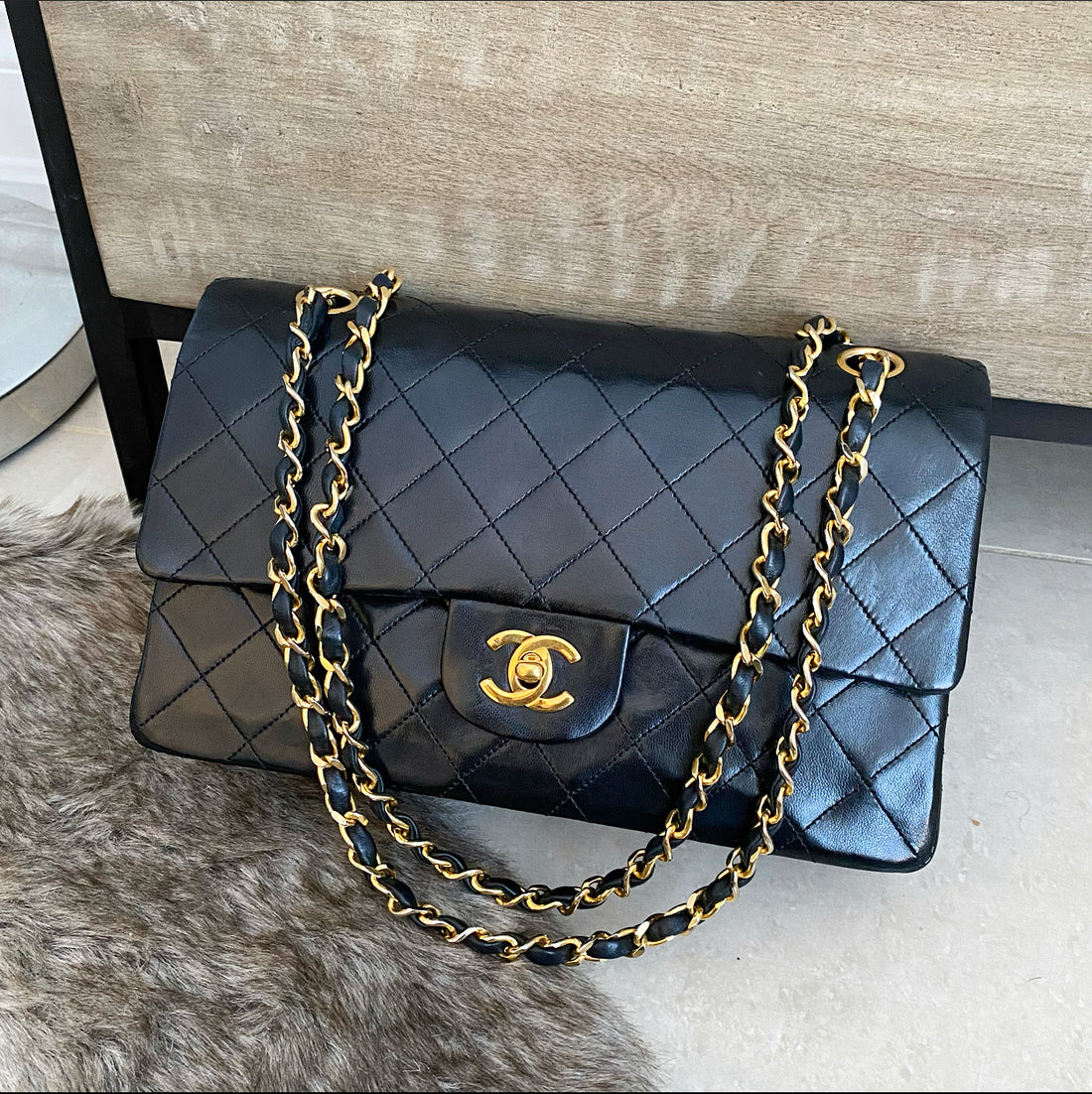 Chanel Vintage Black Quilted Lambskin Leather Double Flap Gold Hardware, 1986-1988, Womens Handbag