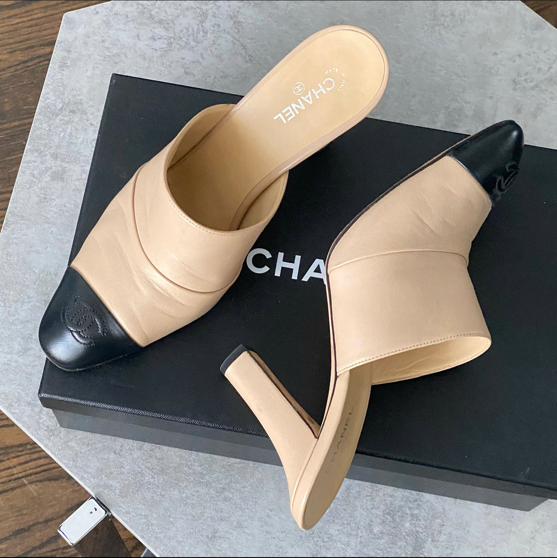 Chanel Beige and Black Cap Toe CC High Heel Mules - USA 9