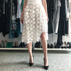 Simone Rocha White Floral Crochet Mesh Overlay Skirt.  Below knee length full skirt with raised hemline at left knee, silk lined, no waistband.  Marked size UK6 (USA 2) but can fit a USA 4/6 as waist measures 27”, total length is 26”.  Our model is 5’10” without heels. 65% cotton, 32 polyamide, 3 poly.  Crochet is 100% poly and lining is 100% silk.  Excellent preowned condition.