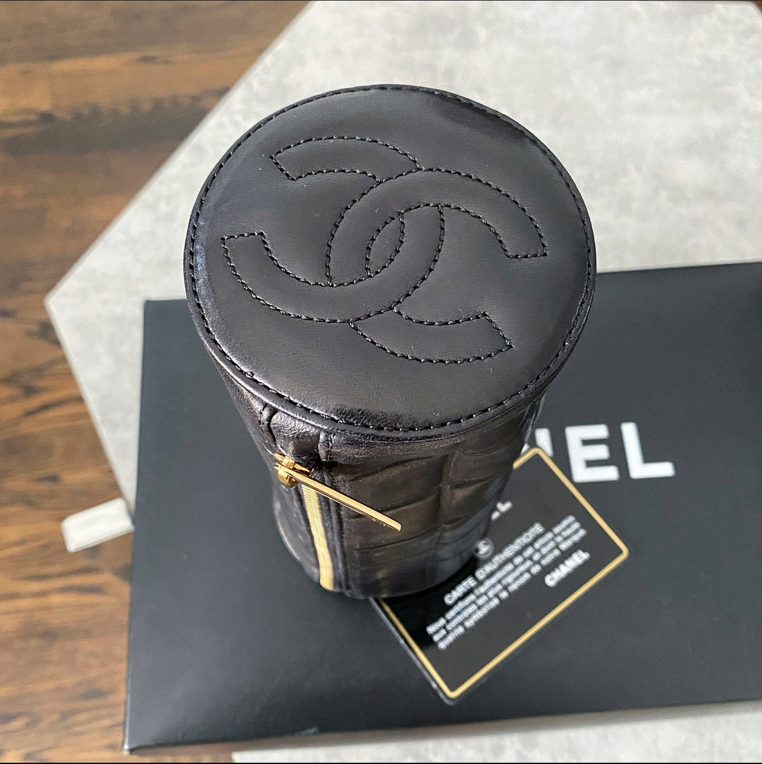 Chanel Vintage 2002 Black Lambskin Leather Choco Bar Cosmetic Roll Case