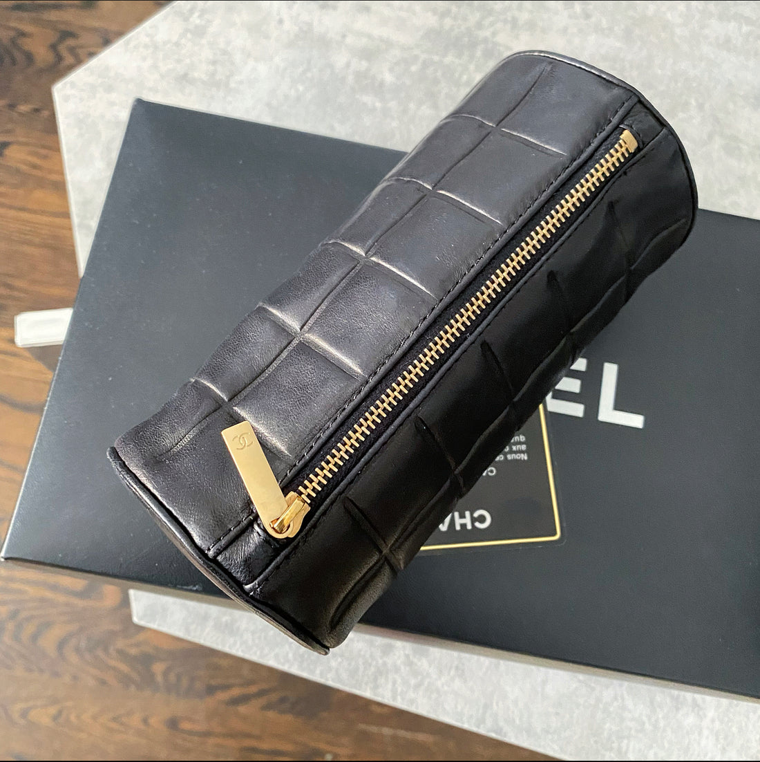 Chanel Vintage 2002 Black Lambskin Leather Choco Bar Cosmetic Roll Case