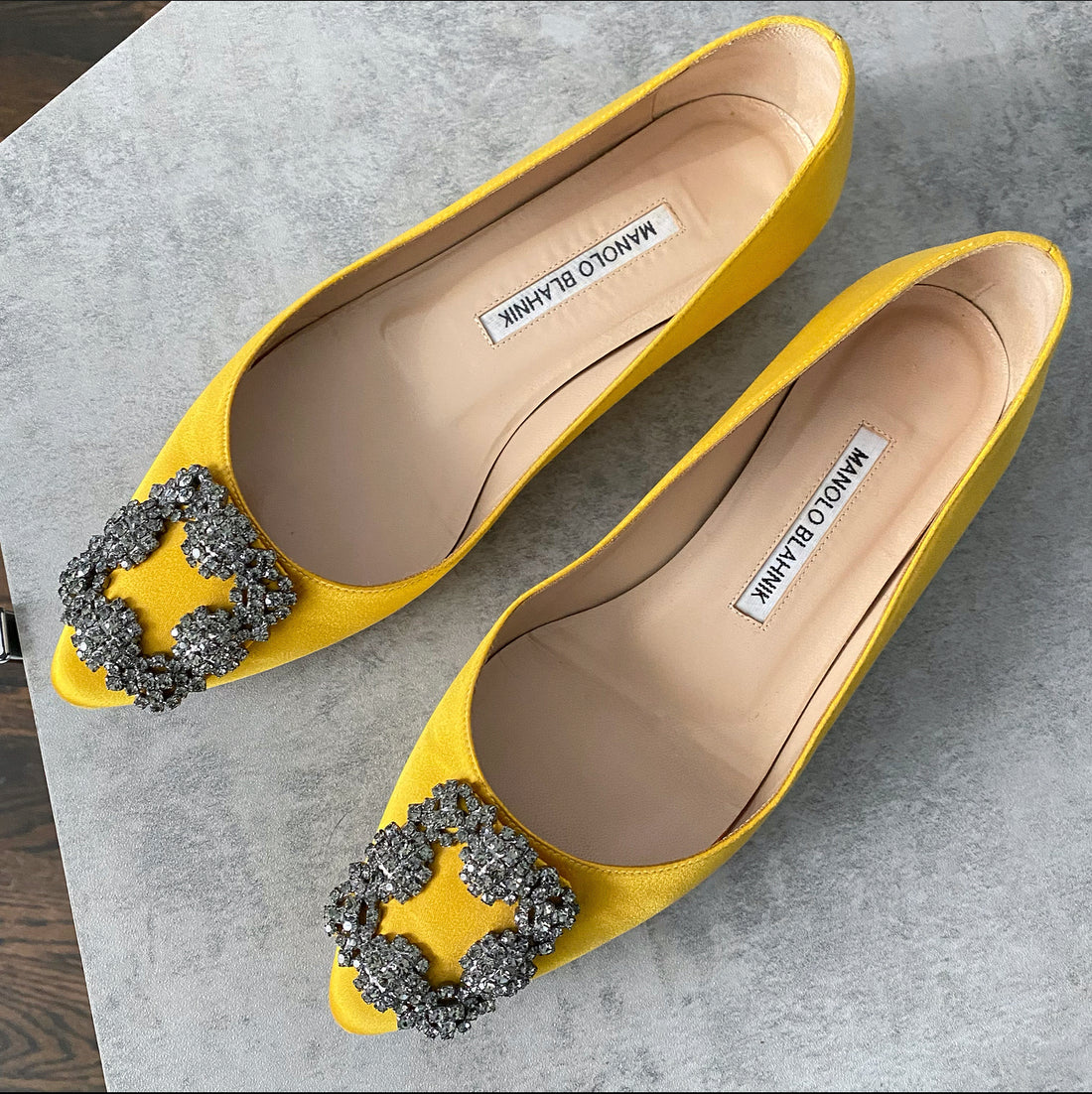 Manolo Blahnik Yellow Satin Hangisi Crystal Flat Shoes - 36