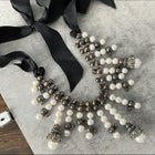 Lanvin Faux Pearl Ribbon Crystal Fringe Statement Necklace