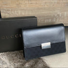 Gucci Monogram Canvas Black Leather Wristlet Clutch Bag