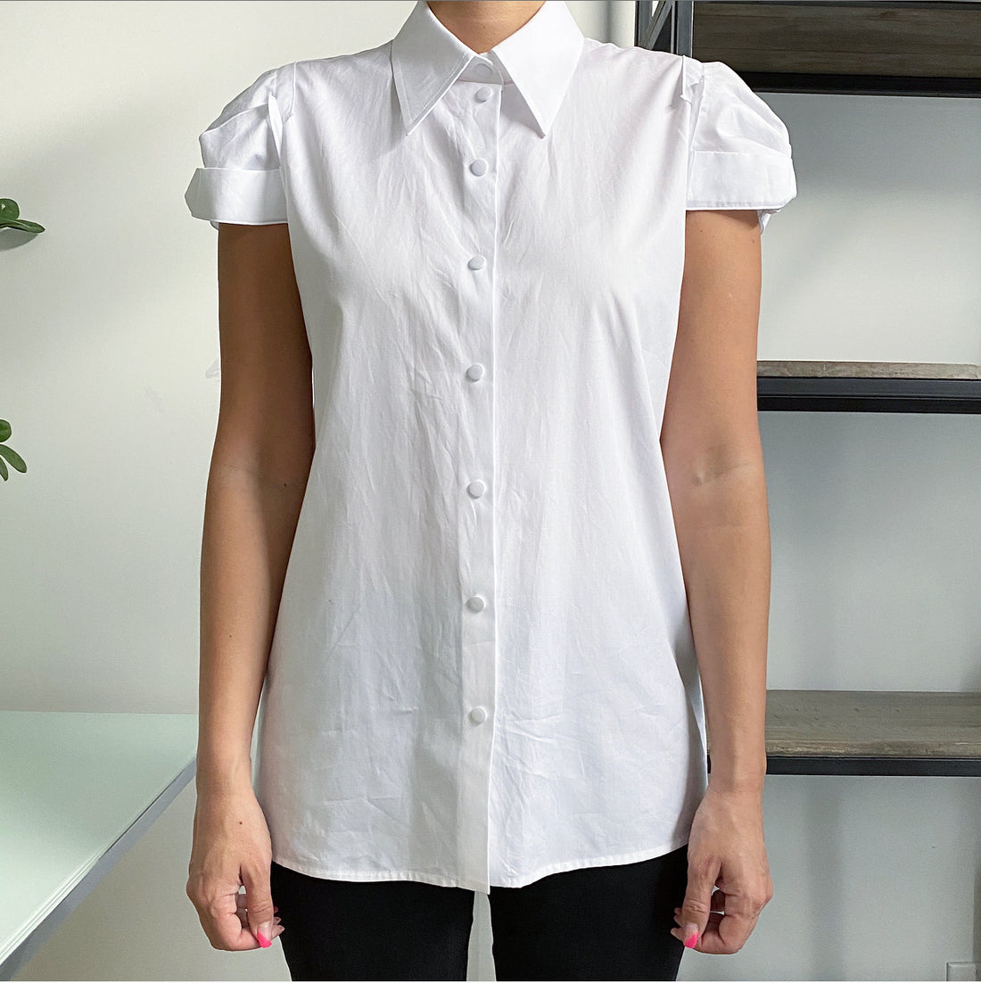 No 21 White Poplin Twist Sleeve Snap Shirt - S