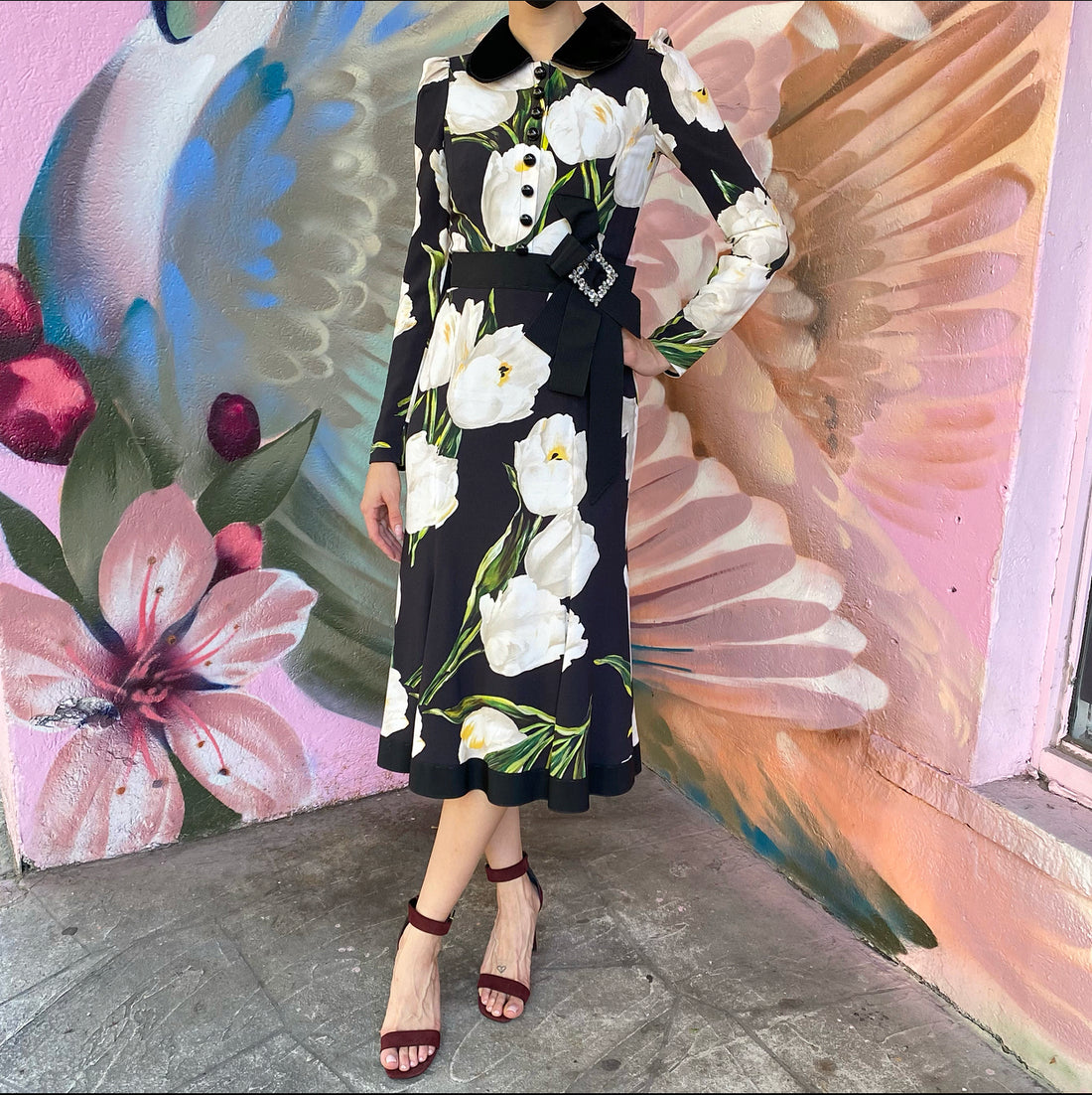 Dolce & Gabbana Black White Floral Midi Dress with Velvet Collar - IT3 I MISS YOU VINTAGE Dolce & Gabbana Black White Floral Midi Dress with Velvet Collar - IT3 I MISS YOU VINTAGE