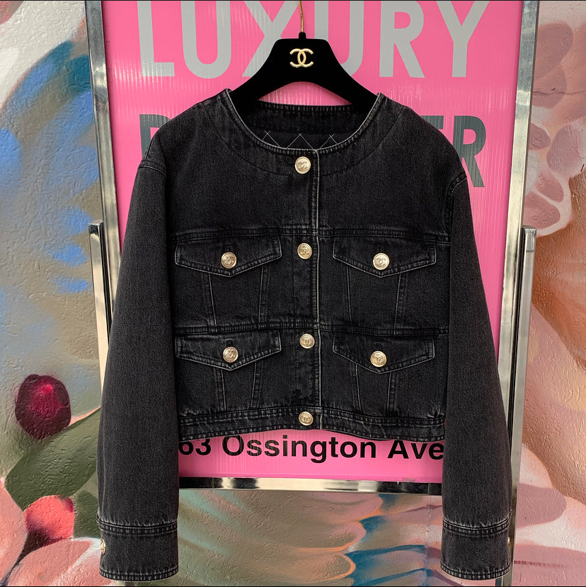 Chanel 20B Black Cropped Denim Jacket with Gold Chanel CC Logo Buttons – I  MISS YOU VINTAGE