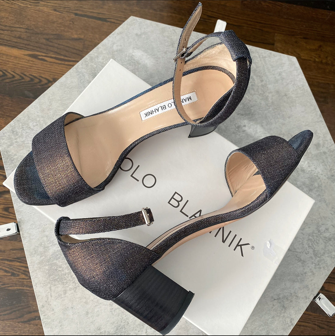 Manolo Blahnik Dark Indigo and Bronze Denim Sandals