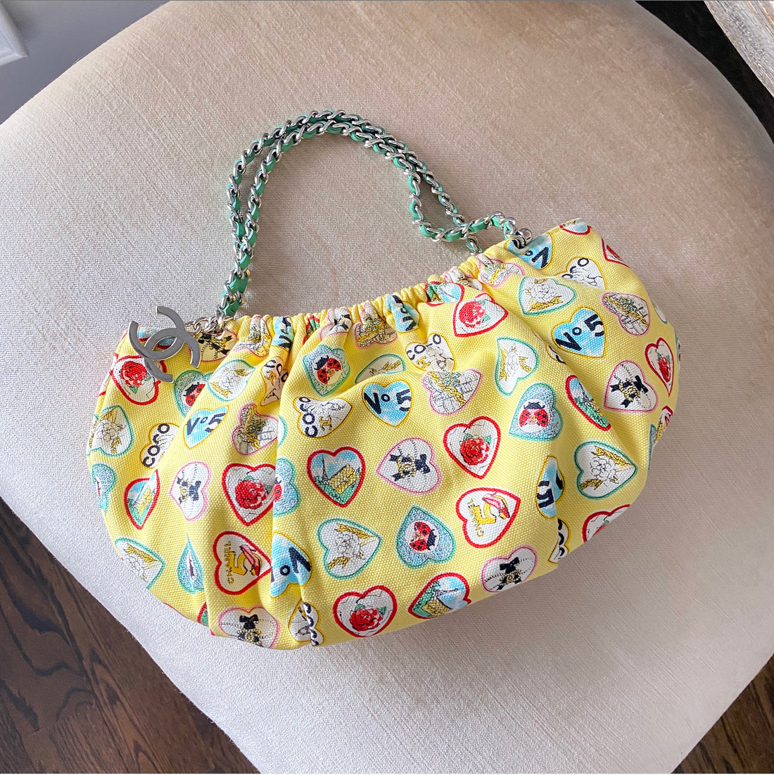 Chanel Hobo Pouch, Yellow with Heart Prints, Preowned No Dustbag WA001