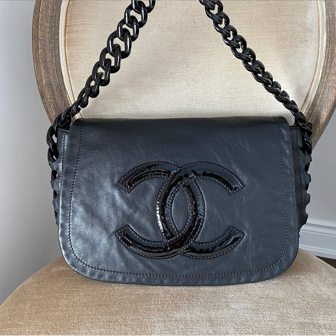 Chanel Black Patent Logo Shoulder Bag