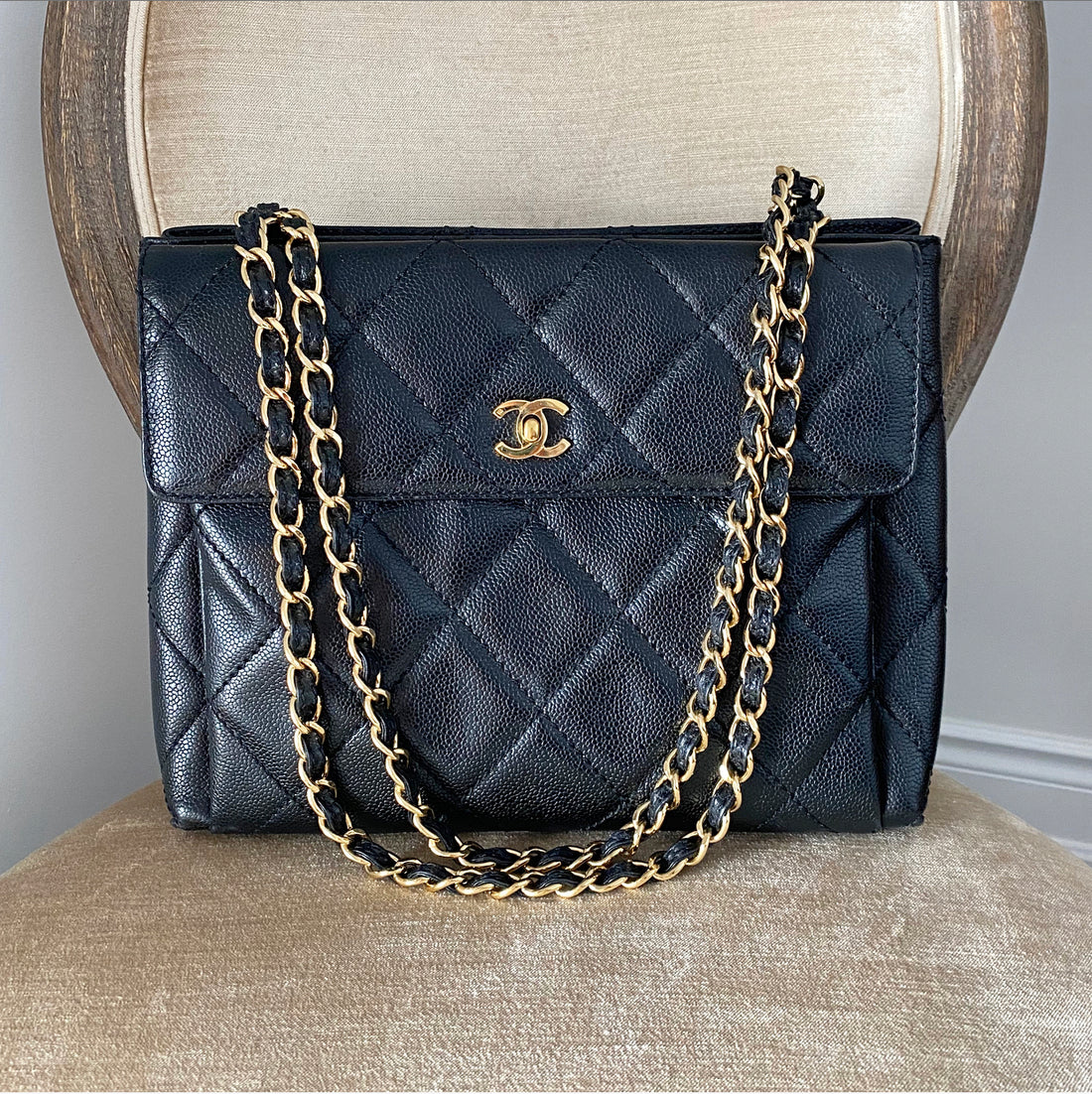 Chanel Vintage Caviar Leather Black Flap Tote Bag with Gold Chain