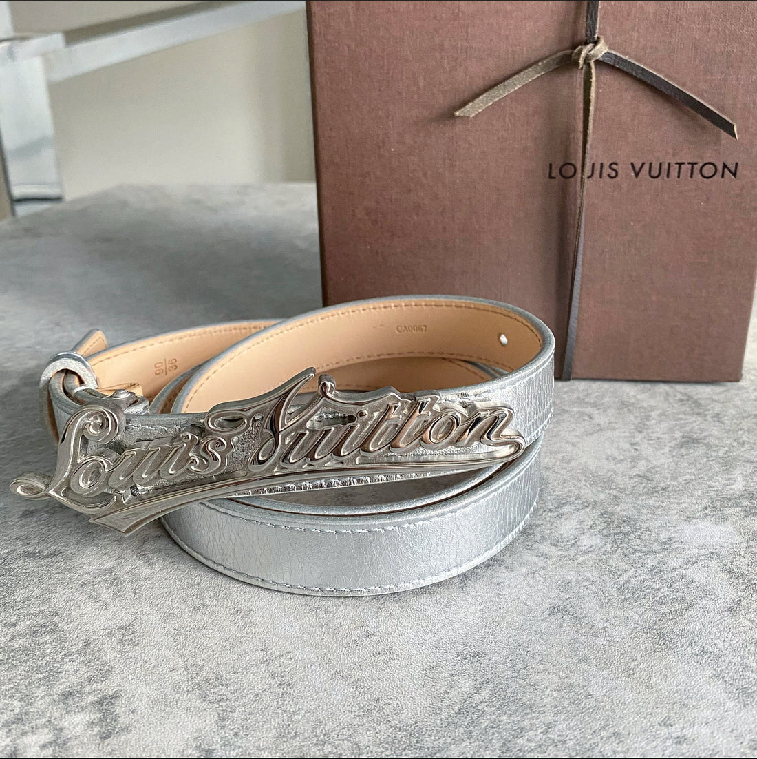 Louis Vuitton Silver Leather Signature Belt Size 90/36 - Yoogi's