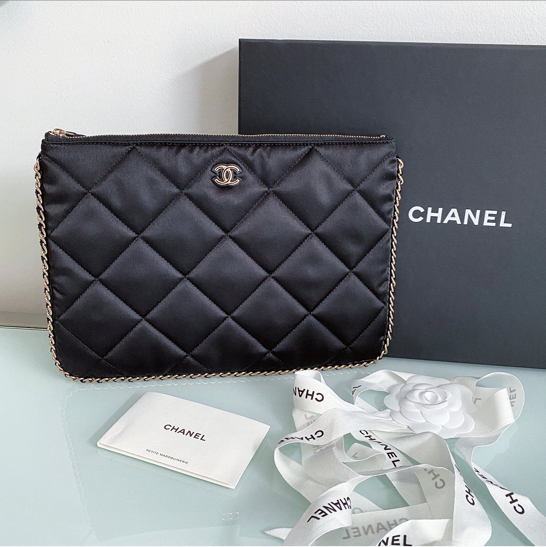 CHANEL, Bags, Chanel Rare Diamonte Swarovski Crystal Cc Black Satin Silk  Chain Clutch Bag