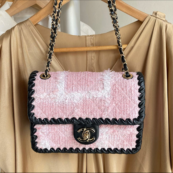 Chanel 22C Pink Tweed and Black Leather Small Flap Bag – I MISS