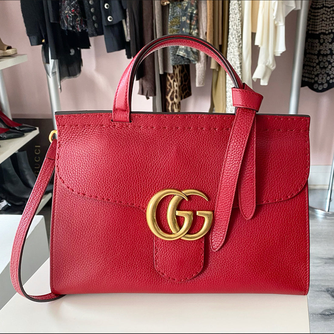 Gucci Red Leather Marmont Top Handle Two-Way Bag