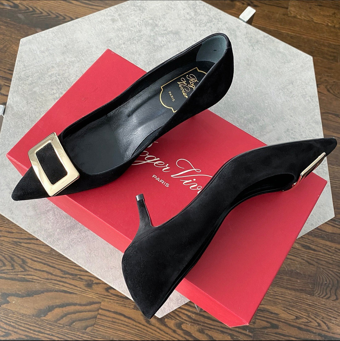 Roger Vivier Black Suede Pumps with Gold Buckle - USA 5.5