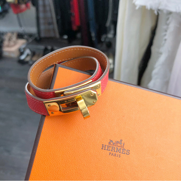 Hermes Extra Small Kelly Triple Tour Leather Bracelet (Orange)