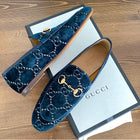 Gucci Blue Velvet GG Monogram Jordaan Horsebit Loafer 