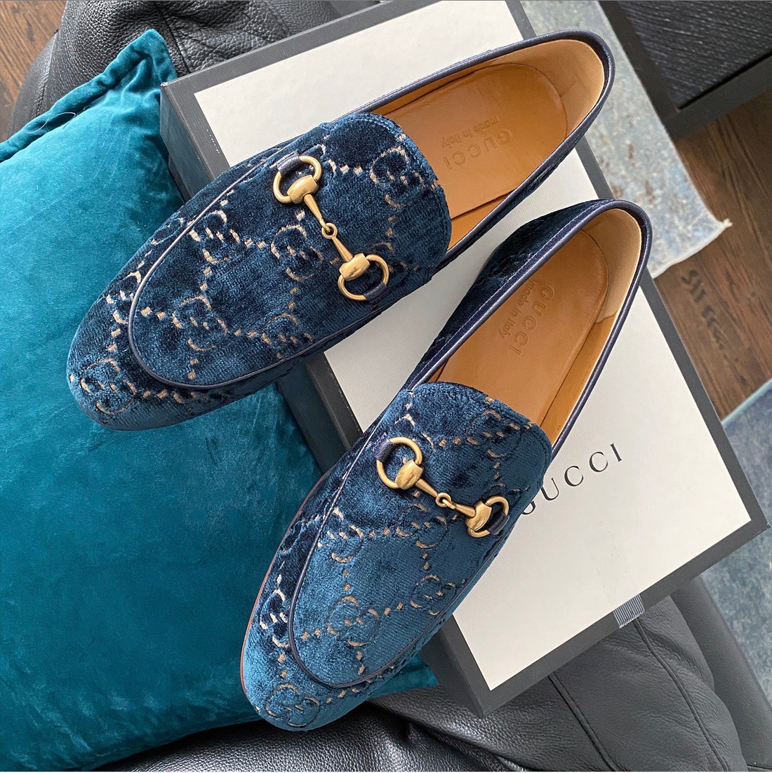 Gucci Blue Velvet GG Monogram Jordaan Horsebit Loafer 