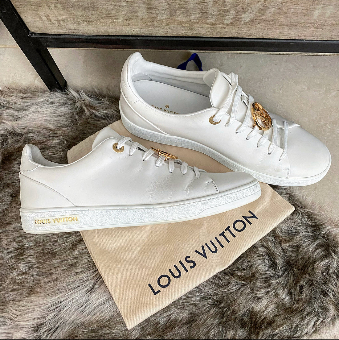 LOUIS VUITTON White & Gold Sneakers Shoes WOMENS 8 for Sale in
