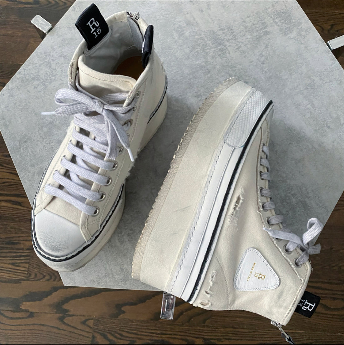 R13 White Distressed Platform High-Top Sneakers - USA 7