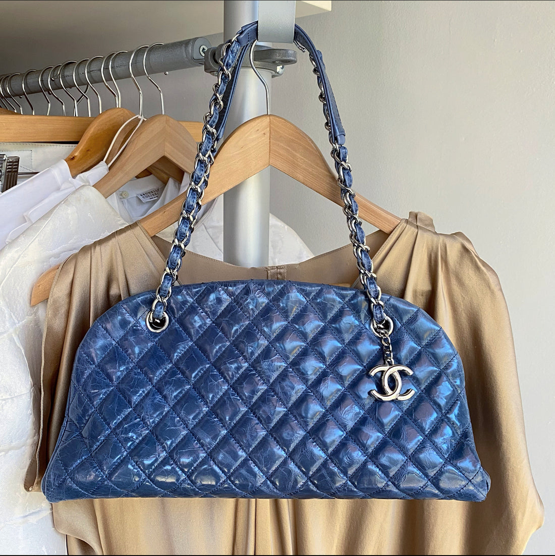 Chanel Light Blue Quilted Shimmer Leather Large Just Mademoiselle