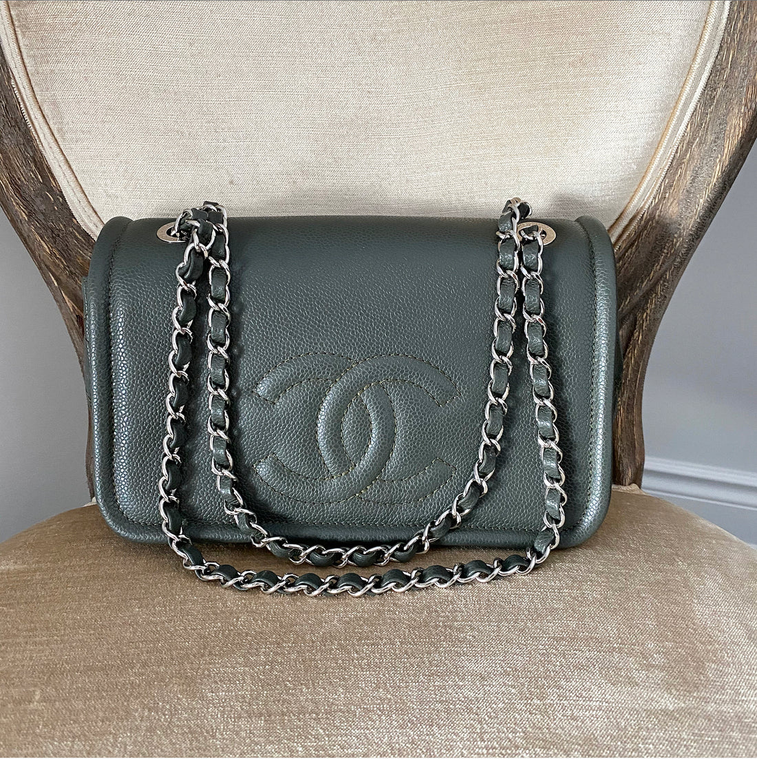 Chanel Olive Green Caviar CC Logo Braided Chain Strap Flap Bag