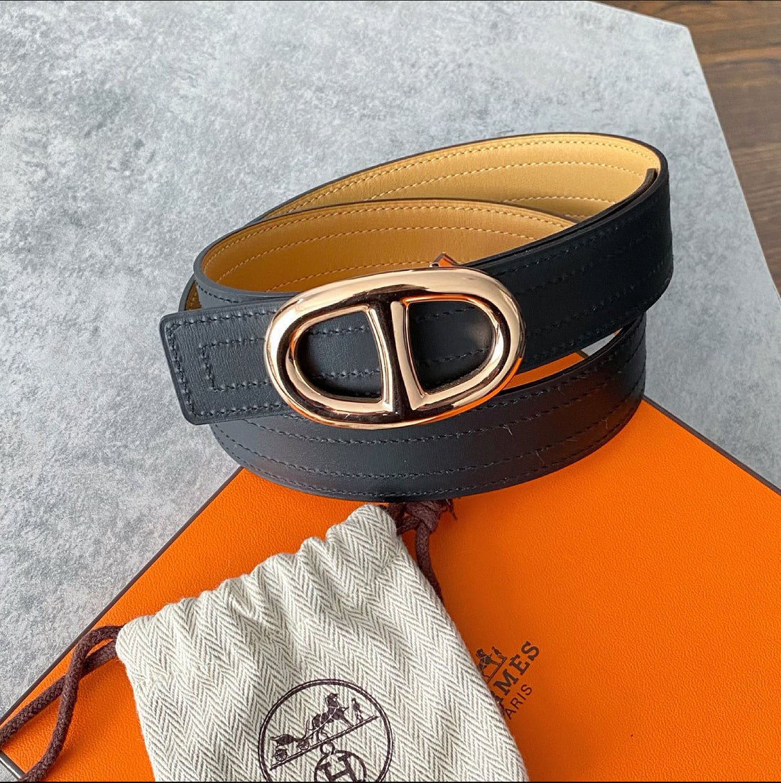 Hermes Chaine D'ancre Rose Gold Pialle Yellow and Black Belt Kit - 85