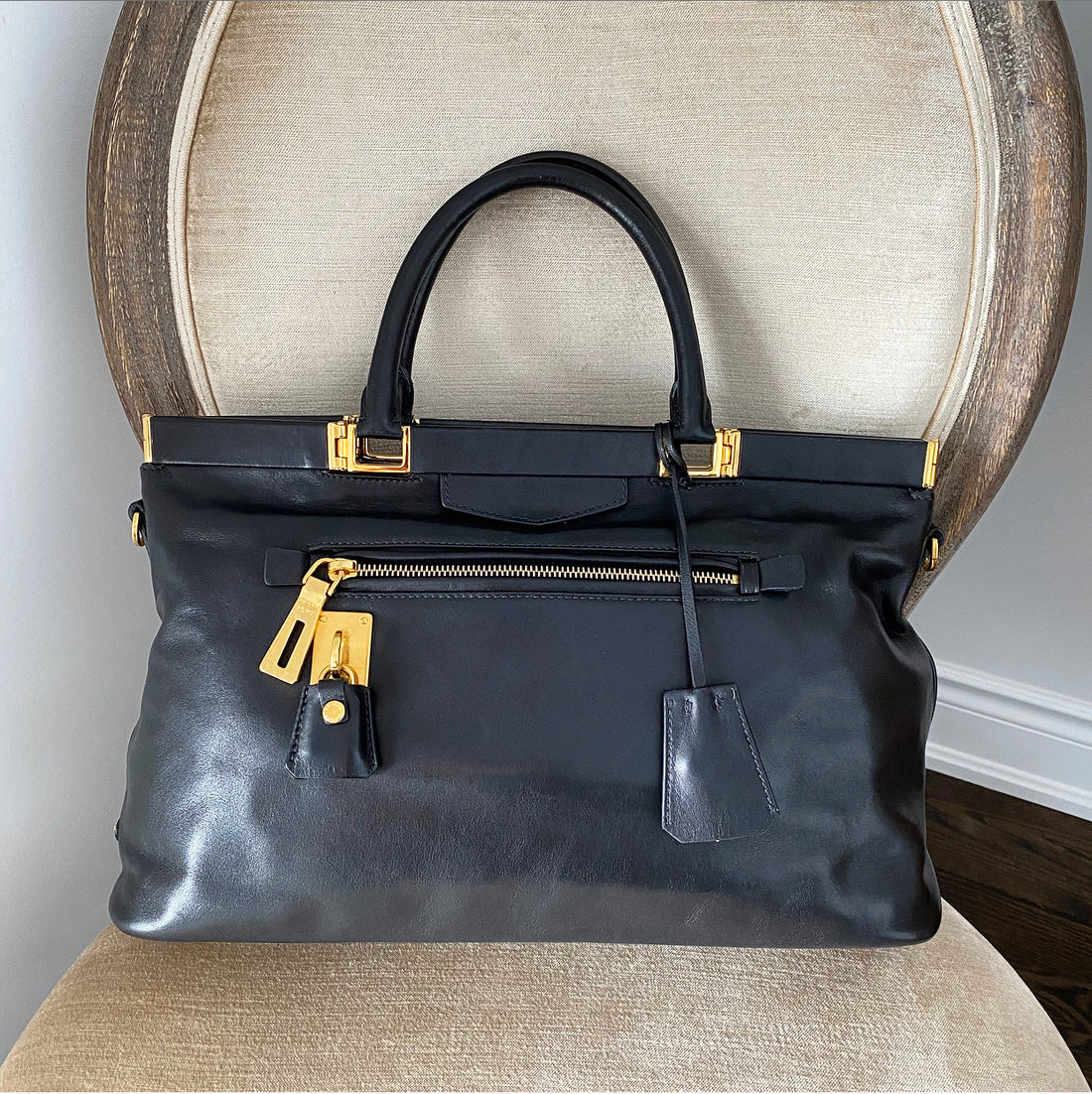 Prada Black Smooth Leather Hinge Frame Tote Bag 