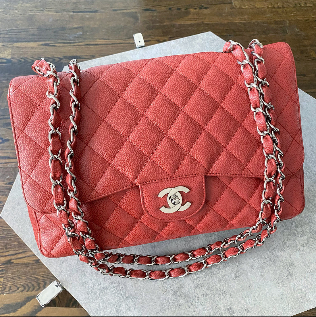 Chanel Coral / Rouge Jumbo Caviar Classic Single Flap Bag SHW – I