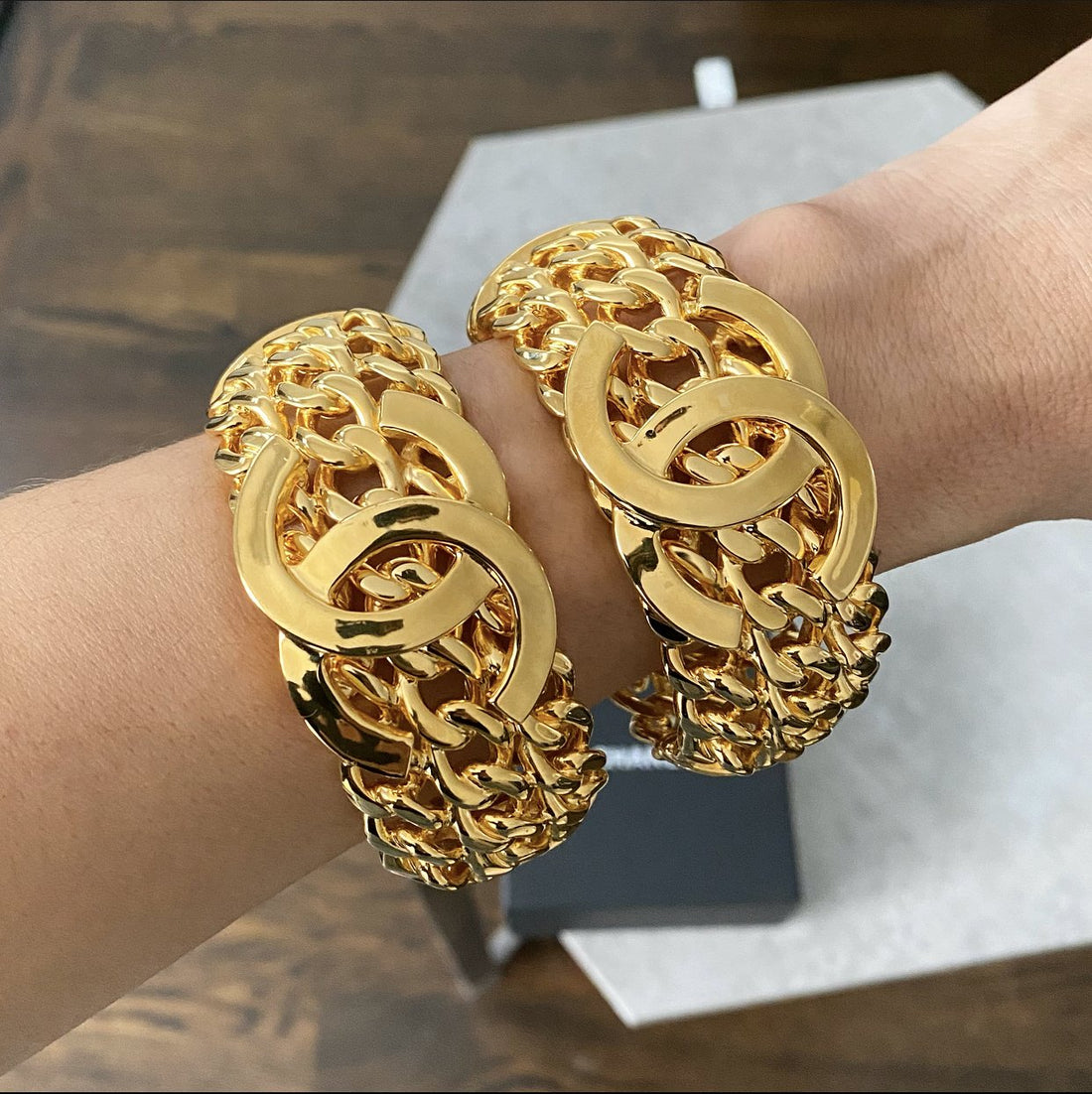 Chanel 2020K CC Gold Braided Chain Hinge Clamper Cuff Bracelet