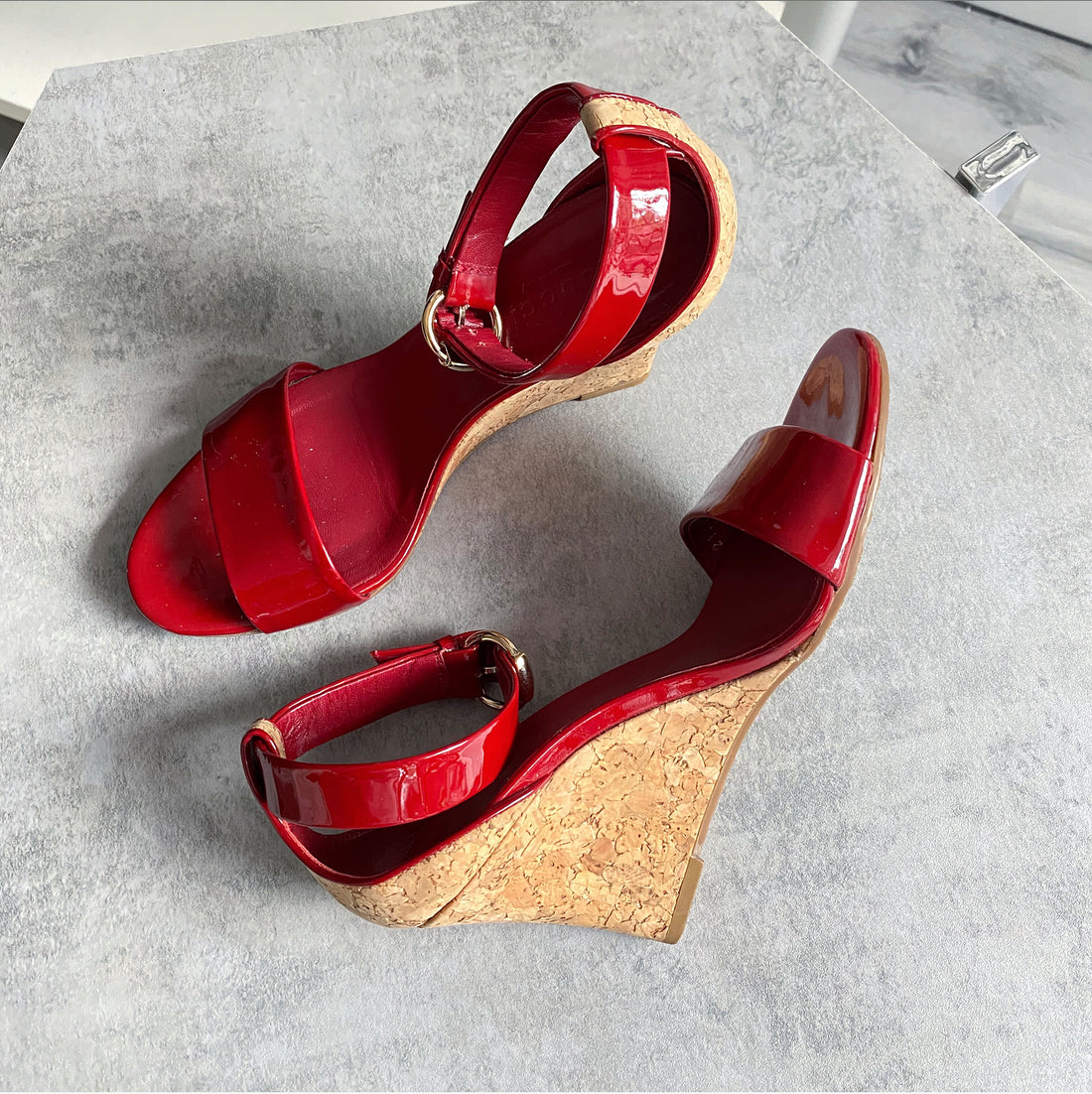 Gucci Red Patent Leather and Cork Wedge Sandals - 5.5