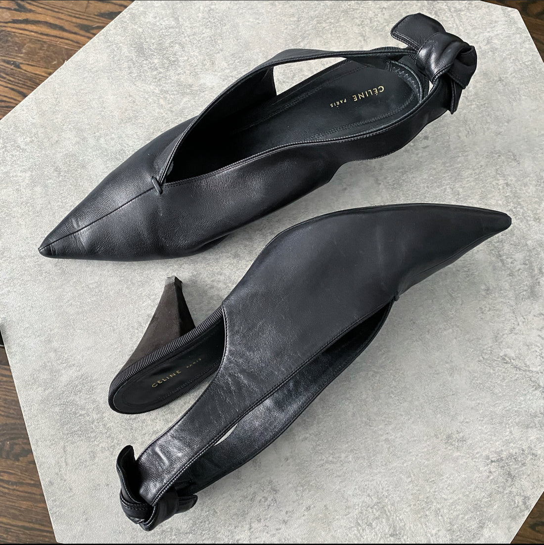 Celine Black Leather V-Neck Slingback Heels - 40