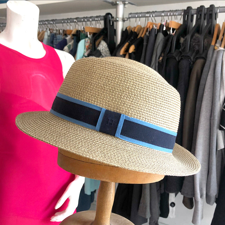 Hermes Straw Hat with Navy Blue H Ribbon Band