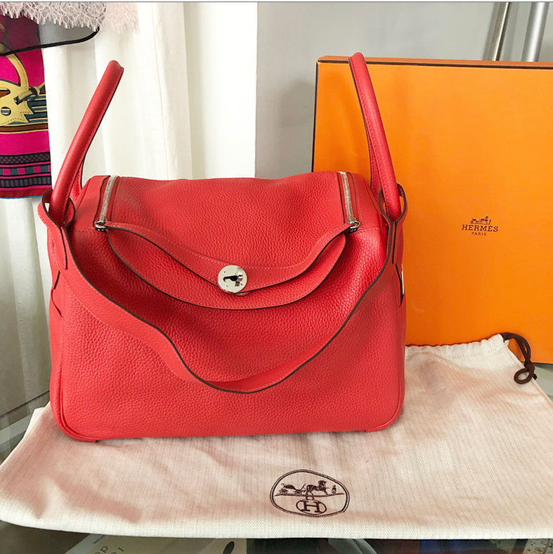 Hermes Lindy 34 Shoulder Bag Brand New in Taurillon Clemence Fire Red