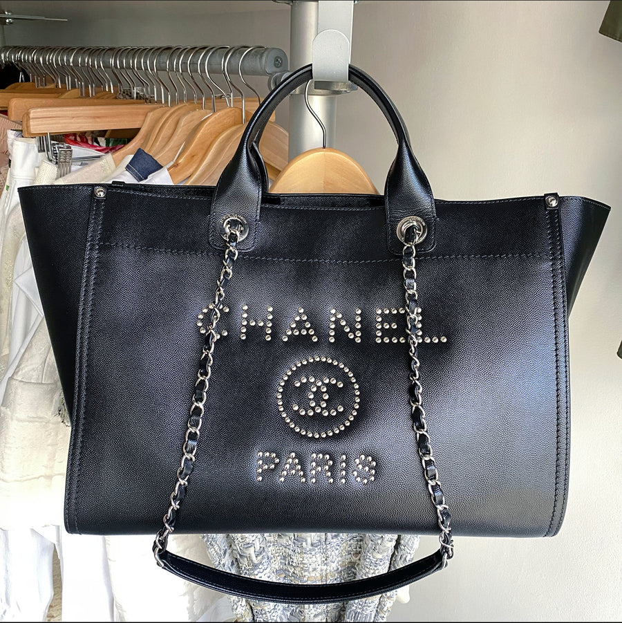 Chanel Deauville Tote Studded Caviar Large Black 427211