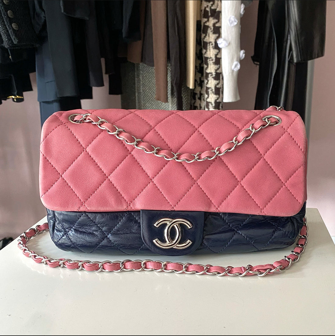 Chanel Pink and Navy Bicolor Quilted Leather Flap Bag – I MISS YOU