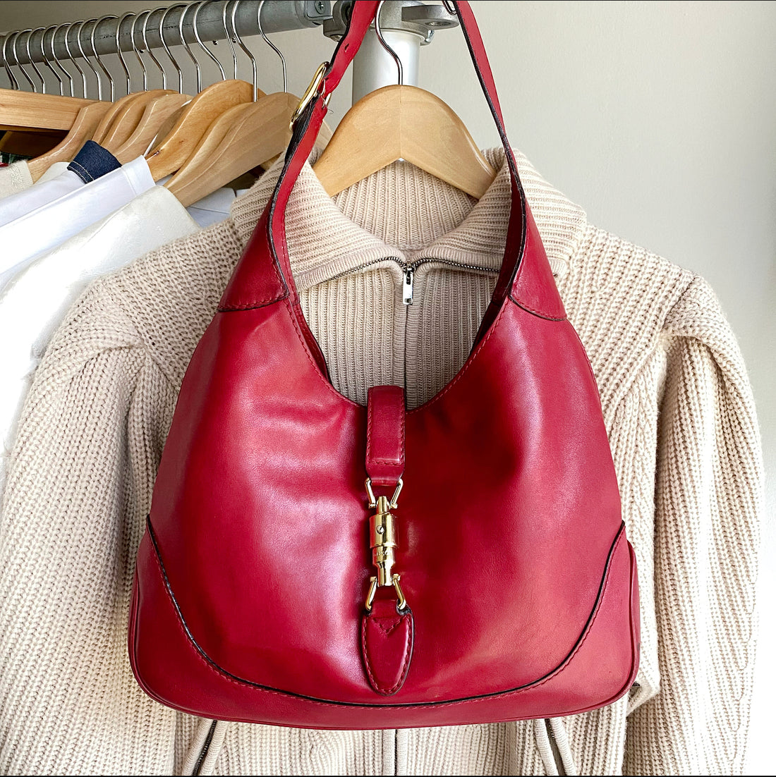 Gucci Red Leather Jackie Hobo Shoulder Bag