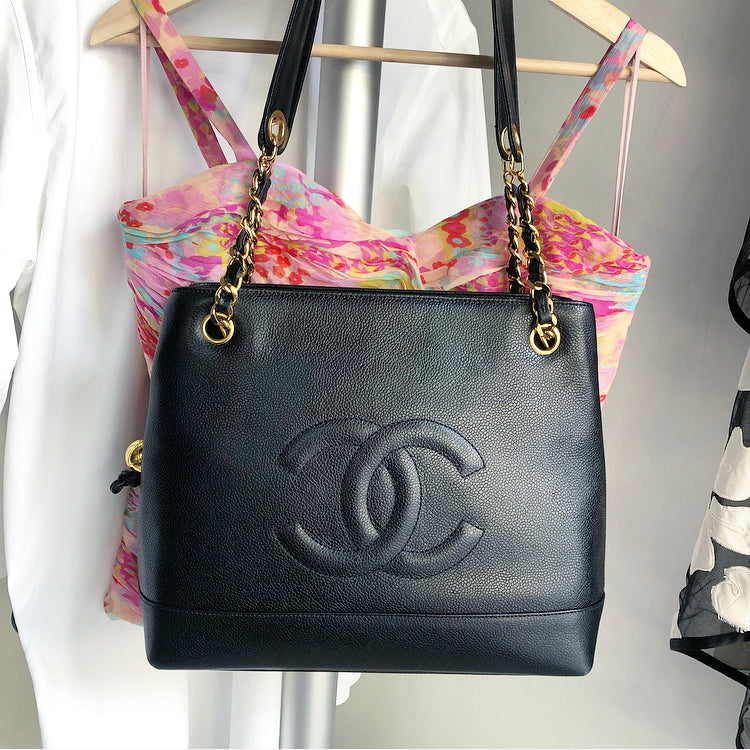 Chanel Vintage 1991 Black Caviar Leather CC Tote Bag – I MISS YOU