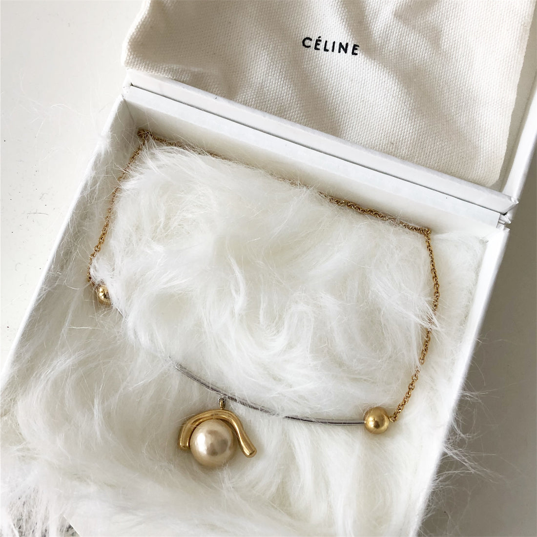 Celine Geometric Modernist Pearl Pendant Necklace
