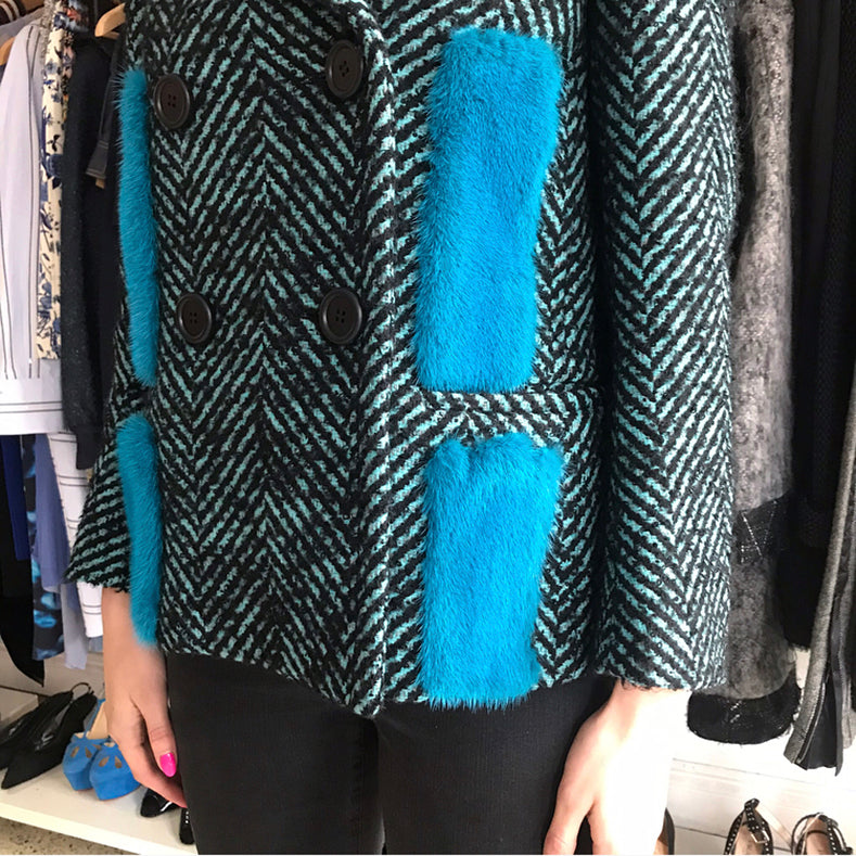 Prada Fall 2015 Runway Blue Tweed Jacket with Mink Fur Trim - M