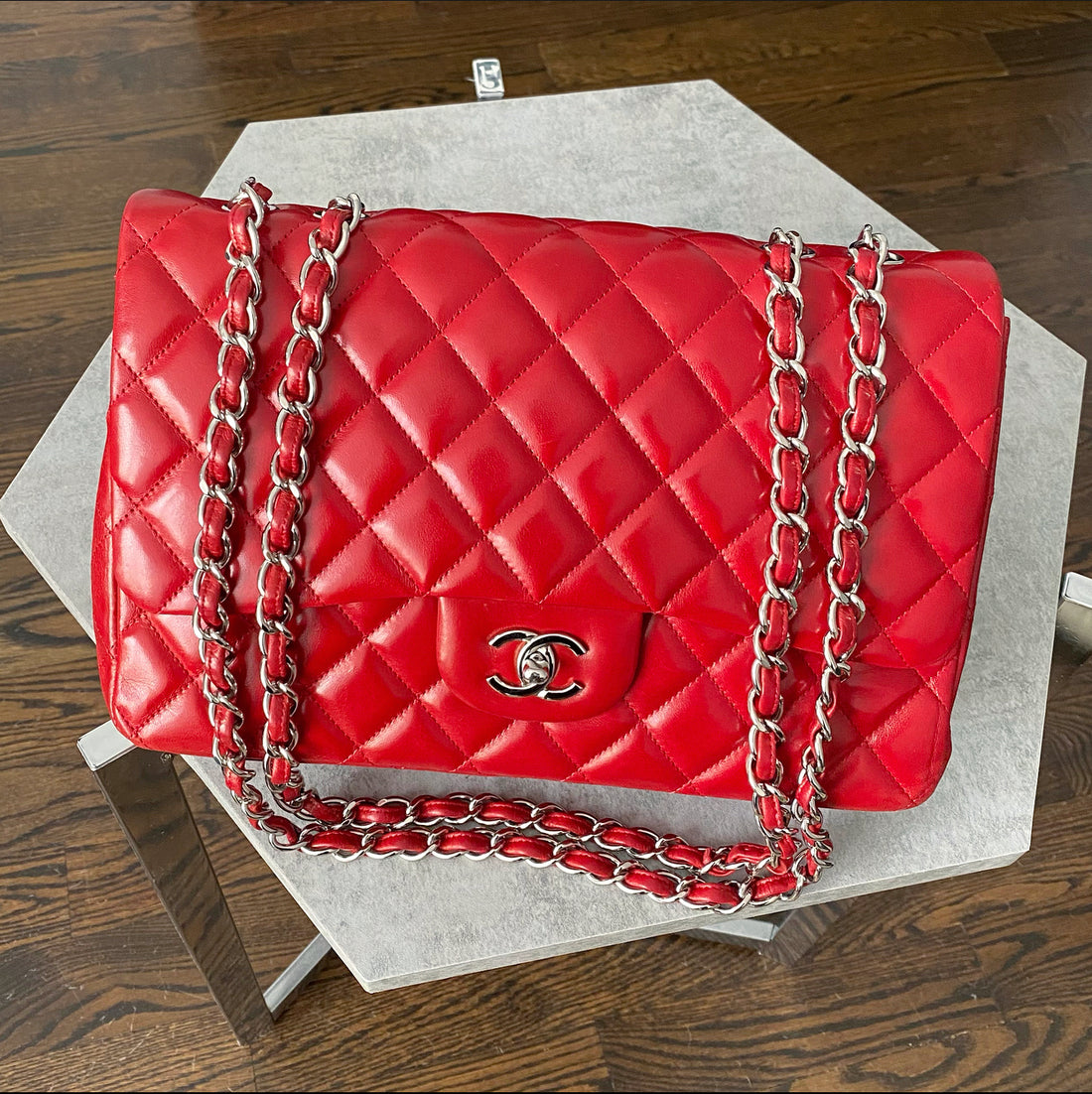 Chanel Red Lambskin Jumbo Classic Single Flap Bag SHW