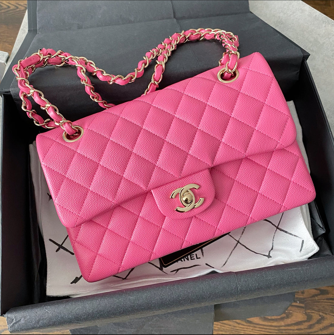 Chanel 2021 Small Pink Caviar Double Classic Flap Bag GHW – I MISS