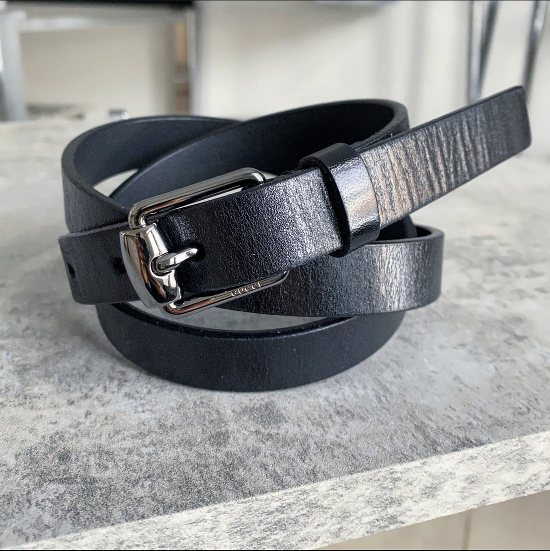 Gucci Black Leather and Gunmetal Horsebit Narrow Belt