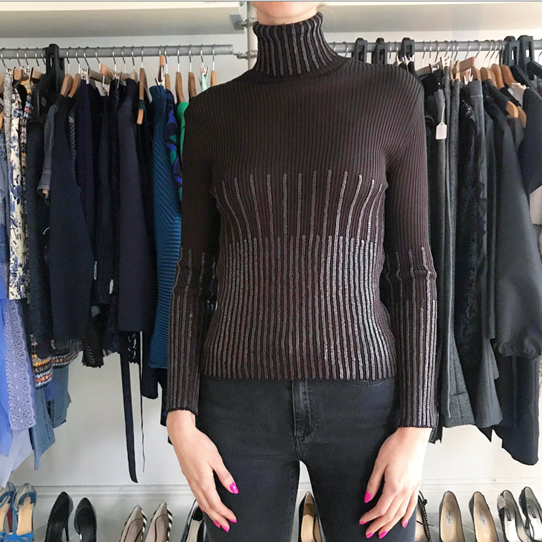 Christian Dior Brown Ribbed Turtleneck with Leather Sequins - L